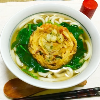 めちゃ簡単♪惣菜イカかき揚げのほうれん草うどん♡